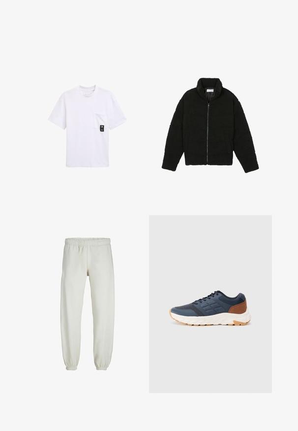 Czarna kurtka z faux futra z wysokim kołnierzem, zapięciem na zamek, elastycznymi mankietami i pikowanym wzorem. Posiada boczne kieszenie i miękką fakturę.; Biała koszulka z krótkim rękawem z teksturowanym wzorem, okrągłym dekoltem i przednią kieszenią z akcentem czarnej metki.; Białe dresy wykonane z miękkiego materiału, z elastycznym pasem i mankietami, o gładkiej fakturze i luźnym kroju.; Granatowe buty sportowe z brązowym akcentem na pięcie, teksturowana siateczka na górze, wyściełany kołnierz i biała gumowa podeszwa z wzorzystym bieżnikiem.