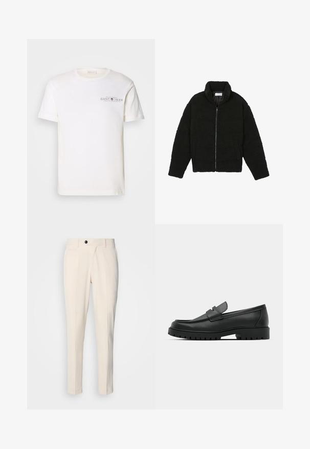 Black faux fur jacket with a high collar, zip closure, elastic cuffs, and a quilted design. Features side pockets and a soft texture.; White cotton t-shirt with a crew neck, short sleeves, and a printed logo. Features minimalist design and relaxed fit.; Beige tailored trousers with a flat front, single button closure, and two angled side pockets. Smooth fabric with a slim fit and tapered leg.; Black leather loafers with a rounded toe, featuring a stitched design, low platform sole, and a textured, lugged rubber outsole.