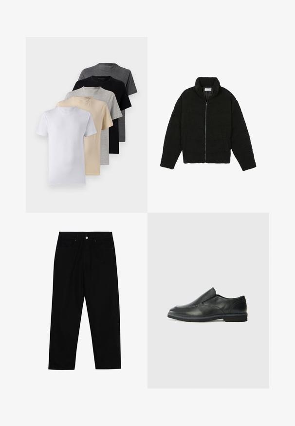 Svart fuskepelsjakke med høy krage, glidelås, elastiske mansjetter og quiltet design. Har sidelommer og en myk tekstur.; Sett med fem kortermede t-skjorter i hvit, beige, lys grå, mørk grå og svart. Laget av glatt bomull, med rund hals design.; Sorte denimbukser med rett benklipp, fem-lomme design og frontknappåpning. Jevn tekstur med minimale sømdetaljer.; Sorte skinn slip-on sko med en jevn overflate, stikking detaljer, rund tå og en lav gummihæl. Sålen har minimal mønstring.