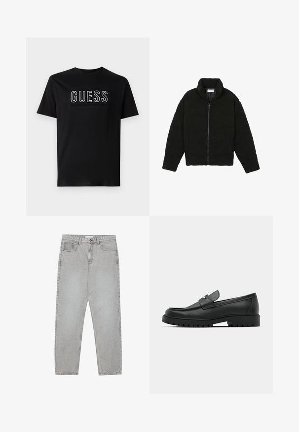 Black faux fur jacket with a high collar, zip closure, elastic cuffs, and a quilted design. Features side pockets and a soft texture.; Black cotton t-shirt featuring "GUESS" logo in white, with "EST 1981 CLASSIC AMERICAN STYLE" text below. Short sleeves, crew neck.; Light grey denim pants with a straight-leg design, five-pocket styling, and a button closure. Visible stitching along the seams.; Black leather loafers with a rounded toe, featuring a stitched design, low platform sole, and a textured, lugged rubber outsole.