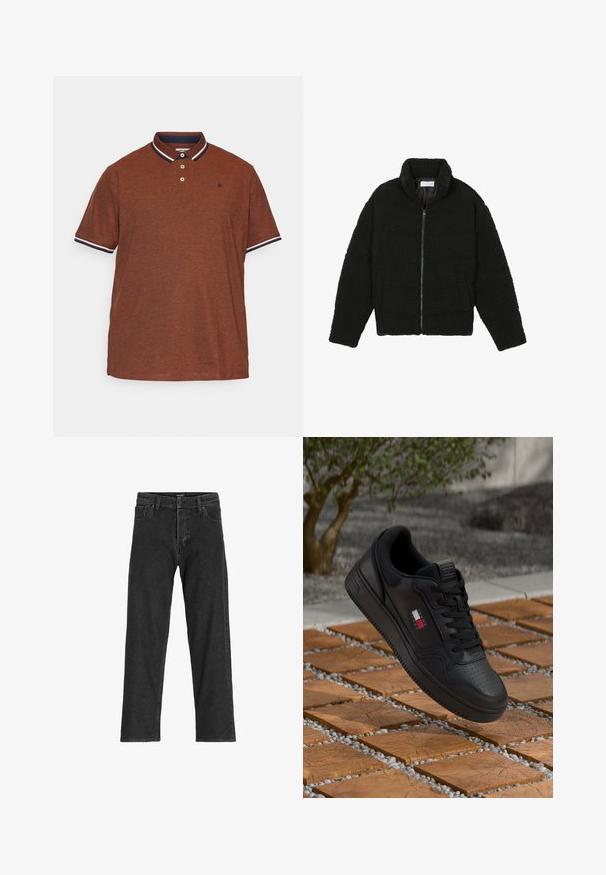 Zwarte faux fur jas met een hoge kraag, ritssluiting, elastische manchetten en een doorgestikt ontwerp. Beschikt over zijzakken en een zachte textuur.; Bruine poloshirt van gestructureerde stof, met een marineblauwe kraag met witte rand, drie knopen en een klein logo op de borst.; Zwarte spijkerbroek met een recht model, voorzien van een rits, riemlussen en zes zakken, gemaakt van een stevige katoenmix.; Zwarte leren sneaker met een geperforeerde neus en textuuraccenten. Bevat een klein logo in rood, wit en blauw aan de zijkant.