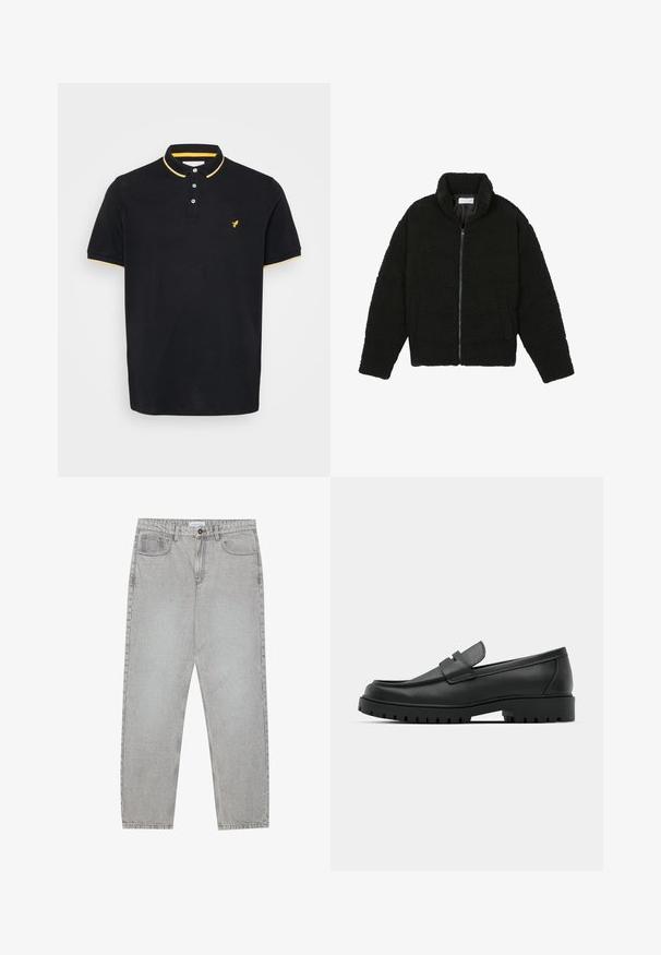 Juoda dirbtinė kailio striukė su aukštu apykakle, užtrauktuku, elastingomis rankovėmis ir siuvinėtu raštu. Su šoninėmis kišenėmis ir švelnia tekstūra.; Juodas polo marškinėliai, pagaminti iš medvilnės, su geltonu apykakle ir rankovių apdaila, trimis mygtukais ir mažuoju geltonu logotipu ant krūtinės.; Šviesiai pilki džinsai su tiesiu kirpimu, penkiais kišenėmis ir mygtuko uždarymu. Matoma siuvimo linija palei siūles.; Juodi odiniai loaferiai su apvalia nosimi, su siuvinėtu dizainu, žemu platformos padu ir tekstūruotu, sukibimo raštu padu.