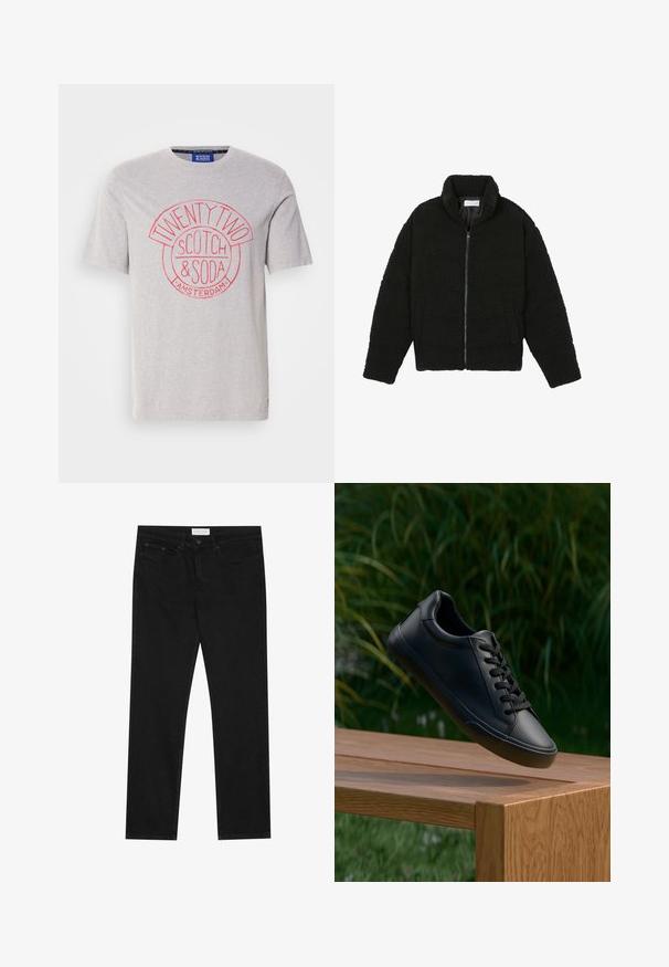 Svart fuskepelsjakke med høy krage, glidelås, elastiske mansjetter og quiltet design. Har sidelommer og en myk tekstur.; Grå bomulls t-skjorte med rund rød grafisk trykk med tekstene "TWENTY TWO", "SCOTCH & SODA" og "AMSTERDAM". Korte ermer, standard passform.; Svarte jeans med rette ben, fem lommer, knapp og glidelås-lukking, og et Pier One-merkelapp på midjen.; Sorte lærersneakers med en glatt tekstur, rund tå og flate lisser, plassert over en treoverflate med grønt gress i bakgrunnen.