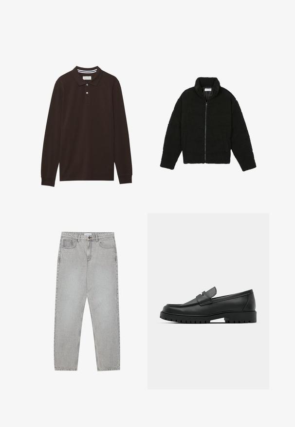 Schwarze Kunstpelzjacke mit hohem Kragen, Reißverschluss, elastischen Bündchen und gestepptem Design. Verfügt über seitliche Taschen und eine weiche Textur.; Langarm-Polohemd aus dunkelbraunem Baumwollstoff, mit Kragen, Knopfleiste mit drei Knöpfen und weißen Streifenakzenten. Glatte Textur.; Helle graue Jeanshose mit gerade geschnittenem Design, Fünf-Taschen-Stil und Knopfverschluss. Sichtbare Nähte entlang der Seitennähte.; Schwarze Lederloafer mit runder Zehenform, ausgestattet mit einem gesteppten Design, niedrigem Plattformsohle und einer strukturierten, genoppten Gummisohle.