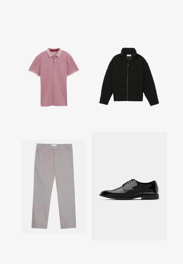 Zwarte faux fur jas met een hoge kraag, ritssluiting, elastische manchetten en een doorgestikt ontwerp. Beschikt over zijzakken en een zachte textuur.; Bordeaux polohemd, korte mouwen, gebreide stof, met twee-knops sluiting, gestreepte kraag en mouwmanchetten in contrasterende kleuren, logo op de borst.; Lichtgrijze katoenen broek met een elastische tailleband, twee zijzakken, een recht poten ontwerp en een zachte textuur. Eenvoudige stiksel.details.; Zwarte gepatineerde leren jurkchoenen met een ronde neus, vetersluiting en een glad, glanzend oppervlak. Voorzien van een laagprofiel rubberen zool.