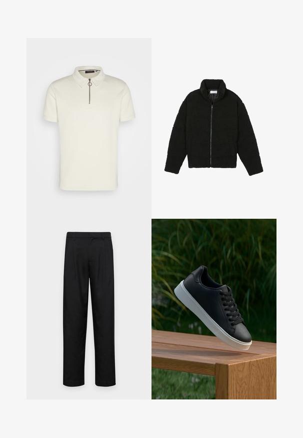 Schwarze Kunstpelzjacke mit hohem Kragen, Reißverschluss, elastischen Bündchen und gestepptem Design. Verfügt über seitliche Taschen und eine weiche Textur.; Kurze VA-Rümpfen Polohemd aus off-white strukturiertem Stoff, mit einem Kragen und einem halben Reißverschluss mit einem runden Zugriegel.; Schwarze Hose aus glattem Stoff, mit geradem Bein Design, zwei vorderen Falten und einem Standardbund mit Gürtelschlaufen.; Schwarze Leder-Sneaker mit glatter Oberfläche, weißer Gummisohle und sechs Ösen für Schnürsenkel, auf einer Holzfläche präsentiert.