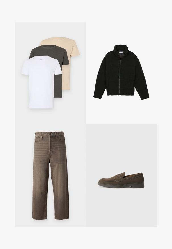 Veste en fausse fourrure noire avec un col haut, fermeture éclair, poignets élastiques et un design matelassé. Elle possède des poches latérales et une texture douce.; Trois t-shirts en blanc, gris foncé et beige, avec des manches courtes et des encolures rondes. Fabriqués en coton doux et lisse.; Jeans ample marron en denim. Comprend une fermeture éclair, des passants de ceinture et cinq poches. Le tissu présente une apparence décolorée et texturée.; Mocassin en daim marron avec un bout arrondi, une sangle sur le devant et une semelle en caoutchouc plate. Design simple avec des lignes épurées et un minimum de détails.