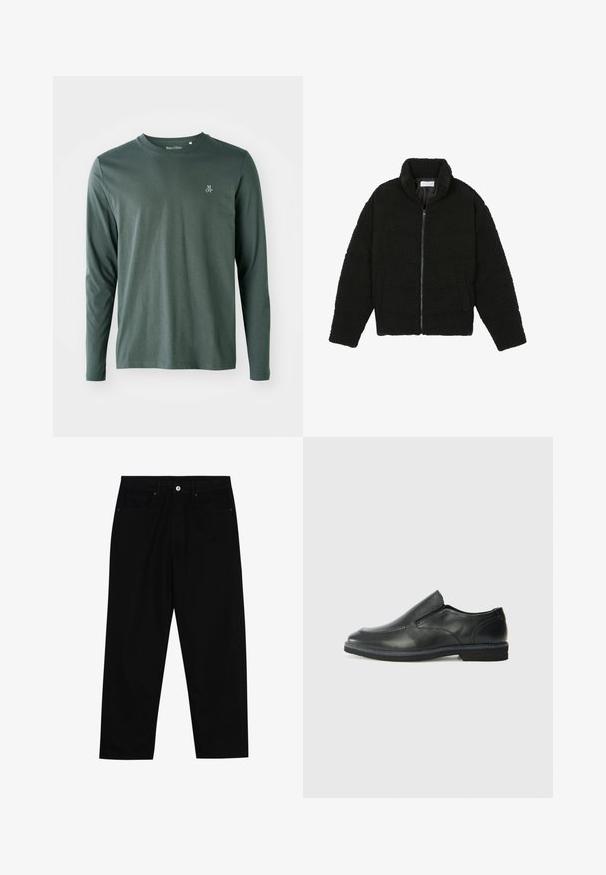 Svart fuskepelsjakke med høy krage, glidelås, elastiske mansjetter og quiltet design. Har sidelommer og en myk tekstur.; Langermet skjorte i mørkegrønn bomull med rund hals, subtil tekstur og liten hvit "M OP"-logo på venstre bryst.; Sorte denimbukser med rett benklipp, fem-lomme design og frontknappåpning. Jevn tekstur med minimale sømdetaljer.; Sorte skinn slip-on sko med en jevn overflate, stikking detaljer, rund tå og en lav gummihæl. Sålen har minimal mønstring.