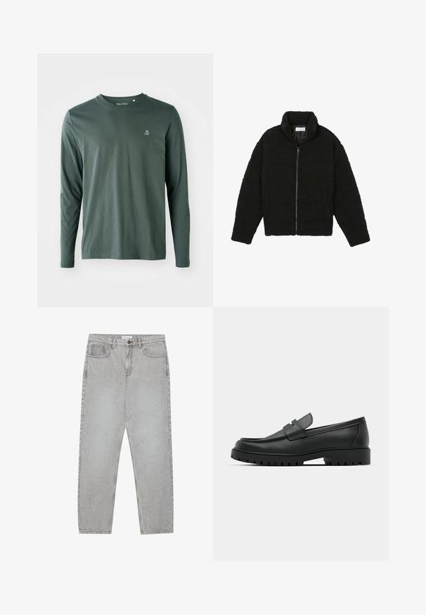 Zwarte faux fur jas met een hoge kraag, ritssluiting, elastische manchetten en een doorgestikt ontwerp. Beschikt over zijzakken en een zachte textuur.; Langsleeve shirt in donkergroen katoen met een ronde halslijn, subtiele textuur en klein wit "M OP" logo op de linkerborst.; Lichtgrijze denimbroek met een recht model, vijfzakkenstijl en een knoopsluiting. Zichtbare stiksels langs de naden.; Zwarte leren instappers met een ronde neus, voorzien van een gestikt ontwerp, een lage platformzool en een gestructureerde, grof rubberen buitenzool.