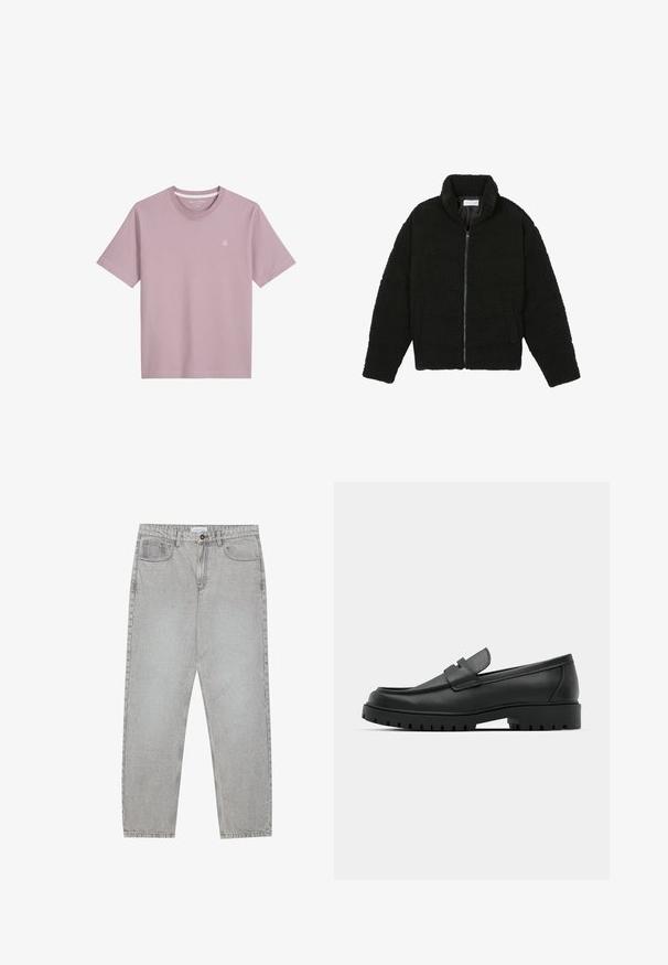 Melnā mākslīgā kažokādas jaka ar augstu apkakli, ar rāvējslēdzēju, elastīgām piedurknēm un kvadrātveida šuvēm. Iespējotas sānu kabatas un mīksta tekstūra.; Gaiši rozā īsroku T-krekls no mīkstas šķiedras, ar apaļu apkakli un nelielu izšūtu logotipu uz krūtīm.; Gai pelēko džinsu bikses ar taisnajām kājām, piecu kabatu stilu un pogu aizdari. Redzama šuvju apstrāde gar šuvēm.; Melnas ādas loafers ar noapaļotu purngalu, ar izšūtu dizainu, zemu platformas zoli un teksturētu, rievotu gumijas ārējo zoli.