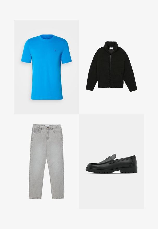 Black faux fur jacket with a high collar, zip closure, elastic cuffs, and a quilted design. Features side pockets and a soft texture.; Blue cotton T-shirt with a crew neck and short sleeves. Features a small, embroidered logo in a matching blue on the chest.; Light grey denim pants with a straight-leg design, five-pocket styling, and a button closure. Visible stitching along the seams.; Black leather loafers with a rounded toe, featuring a stitched design, low platform sole, and a textured, lugged rubber outsole.