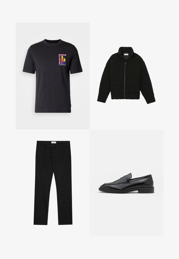 Zwarte faux fur jas met een hoge kraag, ritssluiting, elastische manchetten en een doorgestikt ontwerp. Beschikt over zijzakken en een zachte textuur.; Zwart T-shirt met korte mouwen, voorzien van een kleurrijke geborduurde graphic op de linker borst met de tekst "Scotch Amsterdam." Zoete katoen stof.; Zwarte straight-leg jeans met een vijf-pocket ontwerp, knoop- en ritssluiting, en een Pier One merklabel op de tailleband.; Zwarte leren instappers met een gladde afwerking, voorzien van een ronde neus en een smalle band over de bovenkant. Lage gestapelde hak.
