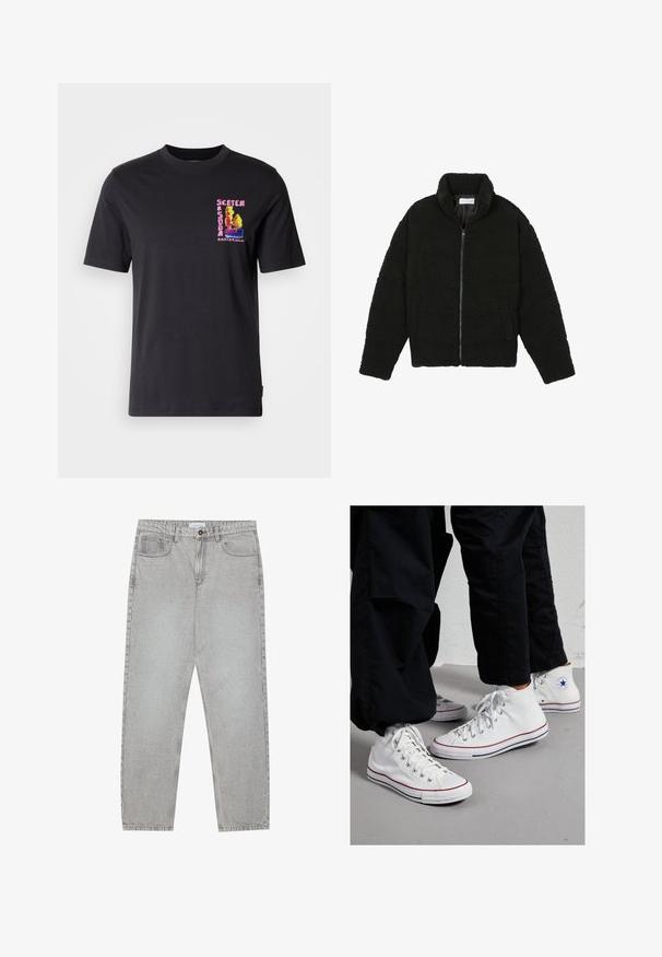 Černá umělá kožešinová bunda s vysokým límcem, zipovým uzávěrem, elastickými manžetami a prošívaným designem. Obsahuje postranní kapsy a jemnou texturu.; Černé tričko s krátkým rukávem, které má barevnou vyšitou grafiku na levém prsu s nápisem "Scotch Amsterdam". Měkká bavlněná tkanina.; Světlé šedé džíny s rovnými nohavicemi, pět kapsami a knoflíkovým zapínáním. Viditelné švy podél švů.; Bílé plátěné tenisky na vysokém podešvu s gumovou podrážkou, zdobené stříbrnými očky a červenými a námořnickými pruhy podél podrážky.