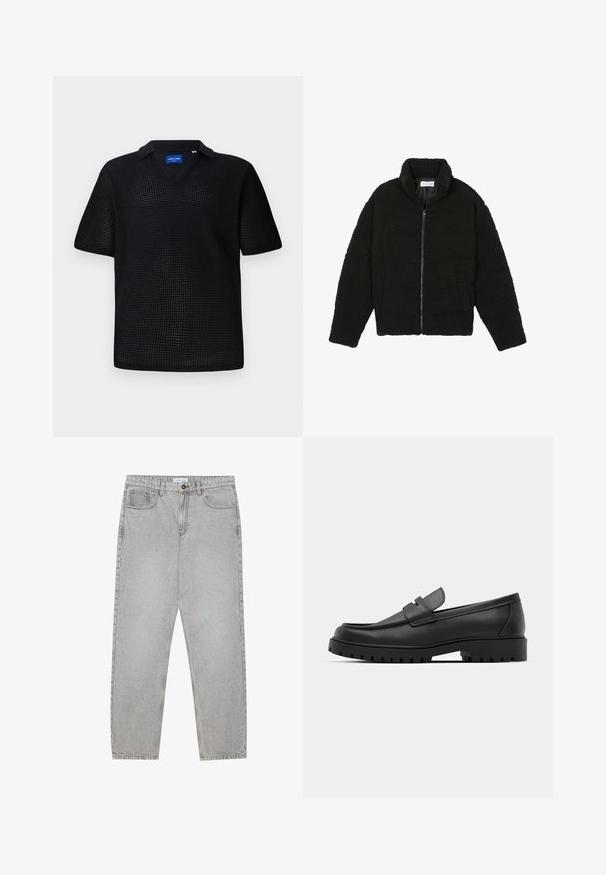 Giacca in pelliccia sintetica nera con colletto alto, chiusura con zip, polsini elasticizzati e design trapuntato. Presenta tasche laterali e una consistenza morbida.; Polo shirt nero a maniche corte realizzato in tessuto a rete testurizzato, con scollatura a V e colletto. Il design è rilassato e traspirante.; Pantaloni in denim grigio chiaro con design a gamba dritta, stile a cinque tasche e chiusura con bottone. Cuciture visibili lungo le cuciture.; Mocassini in pelle nera con punta rotonda, caratterizzati da un design cucito, suola piatta bassa e un battistrada in gomma testurizzata e scolpita.