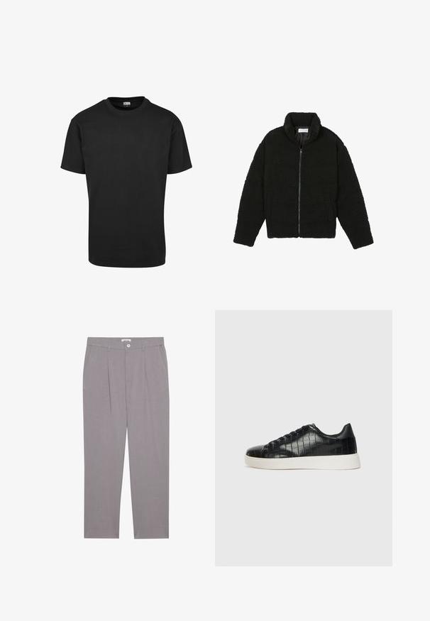 Black faux fur jacket with a high collar, zip closure, elastic cuffs, and a quilted design. Features side pockets and a soft texture.; Black cotton T-shirt with a crew neckline, short sleeves, and a straight hem. Smooth texture; simple, unadorned design.; Grey tailored trousers with a straight cut, featuring two front pockets, pleats, and a button closure. Made from lightweight fabric.; Black sneakers featuring a textured croc-embossed leather upper, rounded toe, and a contrasting white rubber sole with a smooth finish.