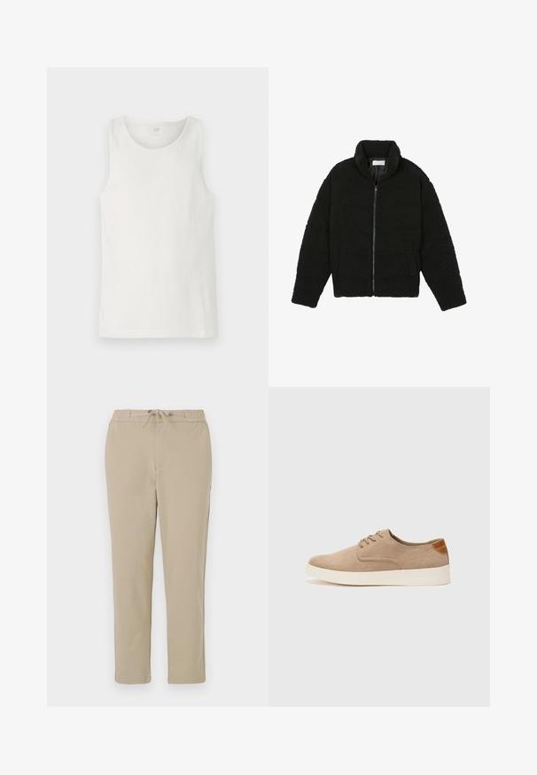 Chaqueta de pelaje sintético negro con cuello alto, cierre de cremallera, puños elásticos y un diseño acolchado. Cuenta con bolsillos laterales y una textura suave.; Camiseta sin mangas blanca hecha de tela de canalé, con un escote redondeado y bordes limpios. La etiqueta en la parte central de la espalda dice "GAP."; Pantalones de lounge beige con cinturilla elástica y cordón, que presentan un diseño de pierna recta y una textura suave y lisa.; Zapatillas de ante beige con puntera redondeada, cordones en la parte delantera y un acento texturizado en la parte trasera. La suela de goma blanca proporciona contraste. Diseño sencillo y moderno.