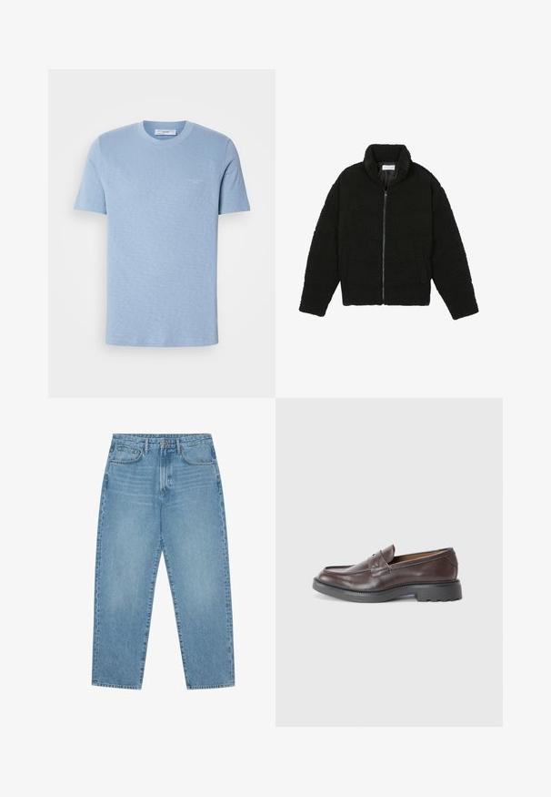 Melnā mākslīgā kažokādas jaka ar augstu apkakli, ar rāvējslēdzēju, elastīgām piedurknēm un kvadrātveida šuvēm. Iespējotas sānu kabatas un mīksta tekstūra.; Gaiši zils kokvilnas T-krekls, īsas piedurknes, apaļa kakla izgriezums, smalka logo uz priekšpuses, gluda tekstūra, regulāra izmēra.; Gaiši zili denim auduma platgala bikses ar augstu jostasvietu, ar piecām kabatām, jostu cilpām un mīkstu, nedaudz nodilušu tekstūru.; Brūni ādas mokasīni ar gludu virsmu, apaļu purngalu, minimālām šuvēm un biezām melnām gumijas zālēm. Nav redzamu aksesuāru vai apdares detaļu.