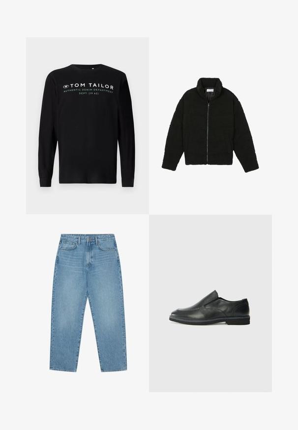 Juoda dirbtinė kailio striukė su aukštu apykakle, užtrauktuku, elastingomis rankovėmis ir siuvinėtu raštu. Su šoninėmis kišenėmis ir švelnia tekstūra.; Juodas ilgo rankovės T-palaidinė, pagaminta iš medvilnės, su apvaliu kaklu, priekyje yra balti užrašai "TOM TAILOR AUTHENTIC DENIM DEPARTMENT".; Šviesiai mėlyni džinsai su plačiomis kojomis ir aukštu liemeniu, turintys penkias kišenes, diržo kilpas ir švelnų, šiek tiek išblukusį tekstūrą.; Juodai odiniai įtvirtinimo batai su lygiu paviršiumi, siuvinėjimo akcentais, apvalia nosimi ir žemu guminiu kulnu. Pado raštas minimalus.