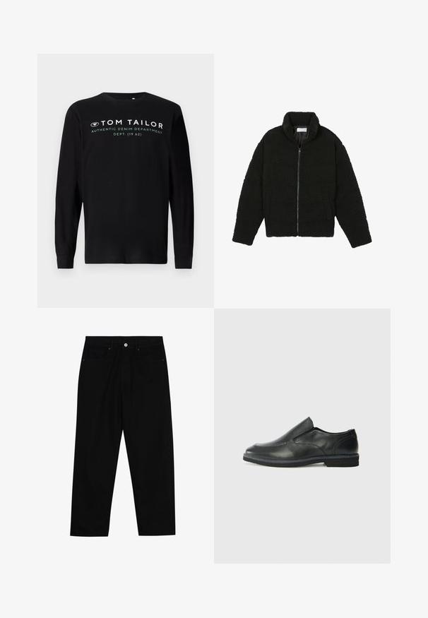 Musta tekokarvalehtijakku korkean kauluksen, vetoketjun, joustavat hihansuut ja tilkkutäkkikuvion. Sisältää sivutaskut ja pehmeän pinnan.; Musta pitkähiha T-paita, valmistettu puuvillasta. Siinä on pyöreä pääntie ja etuosassa valkoisella tekstillä brändäys "TOM TAILOR AUTHENTIC DENIM DEPARTMENT".; Mustat farkut suoraan lahkeella, viisi taskua ja etunappikiinnitys. Sileä rakenne, jossa on vain vähäisiä ompelualueita.; Musta nahkainen liukujalkine, jossa on sileä pinta, ommeltuja yksityiskohtia, pyöristetty kärki ja matala kumipohja. Pohjassa on minimaalinen pito.