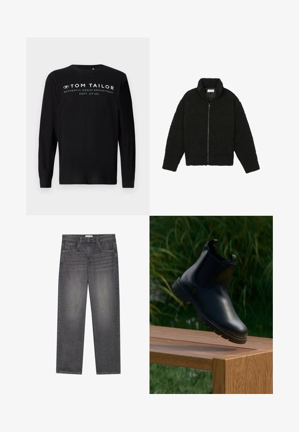 Crna jakna od umjetnog krzna s visokim ovratnikom, zatvaranjem na zip, elastičnim manžetama i kviltanim dizajnom. Sadrži bočne džepove i mekanu teksturu.; Crna majica dugih rukava od pamuka, s okruglim izrezom, na prednjoj strani s bijelim tekstom oznake "TOM TAILOR AUTHENTIC DENIM DEPARTMENT".; Tamnosivi traperice s ravnim krojem, s pet džepova, prednjim kopčanjem na dugme i suptilnim izblijeđenim dijelovima na tkanini.; Crne kožne Chelsea čizme s okruglim vrhom, elastičnim bočnim panelima, petnim trakama i teksturiranom gumenenom potplatu, postavljene na drvenu površinu.