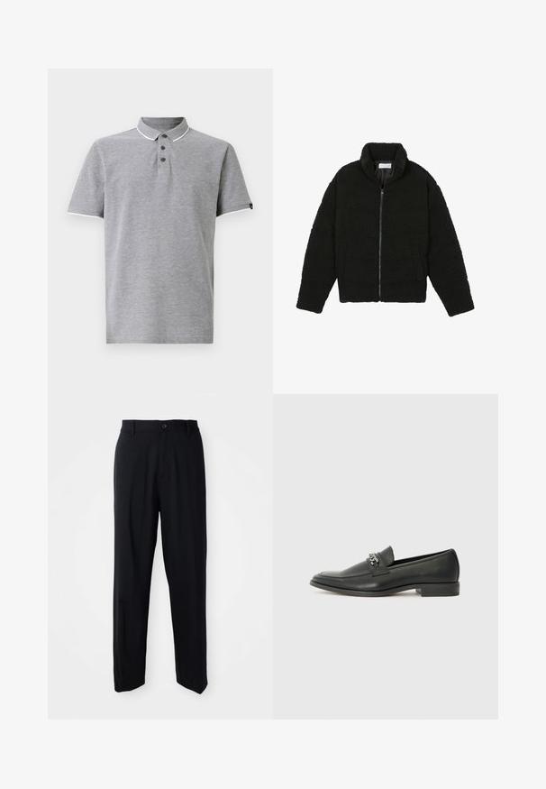 Musta tekokarvalehtijakku korkean kauluksen, vetoketjun, joustavat hihansuut ja tilkkutäkkikuvion. Sisältää sivutaskut ja pehmeän pinnan.; Harmaa polo-paita, jossa on kaulus, kolmen napin halkio, valkoiset yksityiskohdat kauluksessa ja hihoissa sekä pehmeä pinta.; Mustat suorat housut vyön lenkeillä, nappisuljenta ja siisti, minimalistinen muotoilu neutraalilla taustalla.; Musta nahkakengät, joissa on sileä pinta, koristeelliset ompeleet ja metalliketjun yksityiskohta kengän päällä. Littee korko.