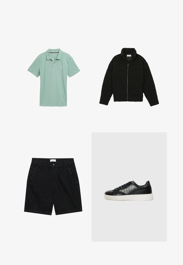 Černá umělá kožešinová bunda s vysokým límcem, zipovým uzávěrem, elastickými manžetami a prošívaným designem. Obsahuje postranní kapsy a jemnou texturu.; Světle zelená polo tričko vyrobené z prodyšného materiálu s krátkým rukávem. Obsahuje zapínání na tři knoflíky a nenápadné logo na hrudi.; Černé džínové šortky s klasickým střihem, které mají dvě přední kapsy, zapínání na knoflík a štítek na pase. Texturovaná látka.; Černé tenisky s texturovaným vrškem z kůže s embosovaným hadím vzorem, kulatou špičkou a kontrastní bílou gumovou podrážkou s hladkým povrchem.