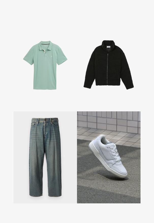 Melnā mākslīgā kažokādas jaka ar augstu apkakli, ar rāvējslēdzēju, elastīgām piedurknēm un kvadrātveida šuvēm. Iespējotas sānu kabatas un mīksta tekstūra.; Gaiši zaļa polo krekls no elpojoša auduma ar īsām piedurknēm. Iekļauj trīs pogu atvēršanu un neuzkrītošu logotipu krūtīs.; Gaiši zili džinsi ar brīvu piegriezumu, vidējo jostas augstumu un taisnām kājām. Satur piecas kabatas, jostas cilpas un pogu aizdari.; Baltas ādas sporta apavi ar perforētiem sāniem, teksturētām akcentiem, plakanu šņorēšanu un kontrastējošu pelēku papēdi. Iezīmē nedaudz paaugstinātu zole.