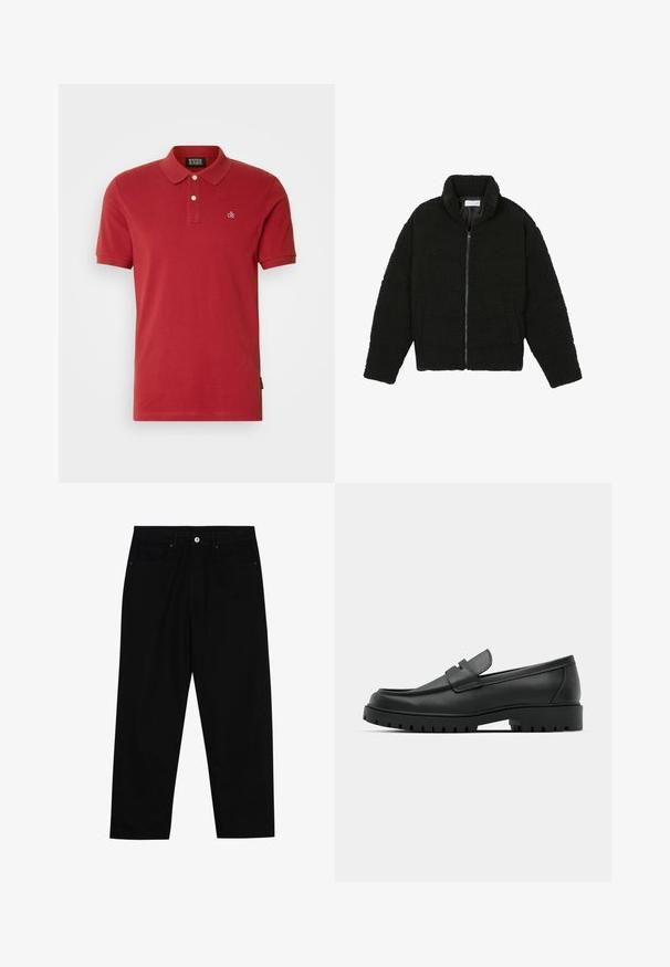 Černá umělá kožešinová bunda s vysokým límcem, zipovým uzávěrem, elastickými manžetami a prošívaným designem. Obsahuje postranní kapsy a jemnou texturu.; Červená bavlněná polo košile s klasickým límečkem, zapínáním na dva knoflíky, krátkými rukávy a malým vyšitým logem na levé straně.; Černé džíny s rovně střiženými nohavicemi, designem pěti kapes a předním zapínáním na knoflík. Hladký povrch s minimem švových detailů.; Černé kožené mokasíny s kulatou špičkou, zdobené prošitím, s nízkou platformou a texturovanou gumovou podrážkou s drážkováním.