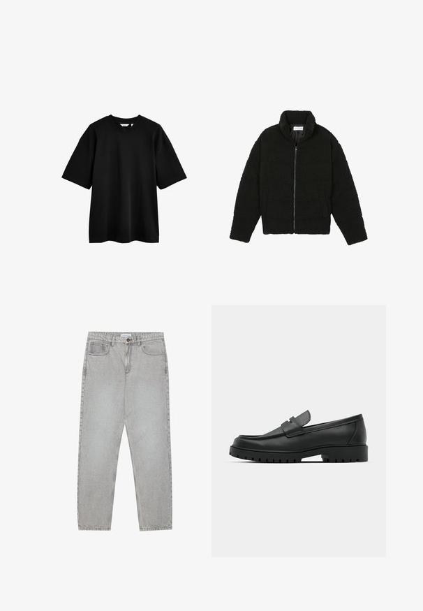Musta tekokarvalehtijakku korkean kauluksen, vetoketjun, joustavat hihansuut ja tilkkutäkkikuvion. Sisältää sivutaskut ja pehmeän pinnan.; Musta puuvillainen t-paita lyhyillä hihoilla, rento malli, pyöreä kaula-aukko ja sileä pinta. Minimalistinen muotoilu ilman kuvioita tai koristeluja.; Vaaleanharmaat farkut, joissa on suora lahje, viisi taskua ja nappisulku. Saumojen varrella näkyvä ompelu.; Musta nahkaloafers, joissa on pyöreä kärki, ommeltu pinta, matala alusta ja kuvioitu, kuminen ulkopohja.