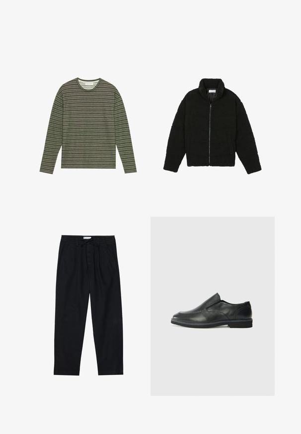 Black faux fur jacket with a high collar, zip closure, elastic cuffs, and a quilted design. Features side pockets and a soft texture.; Pier One Long sleeved top - forest night; Pier One Chinos - black; Black leather slip-on shoe with a smooth upper, stitched accents, rounded toe, and a low rubber heel. Sole features minimal tread.