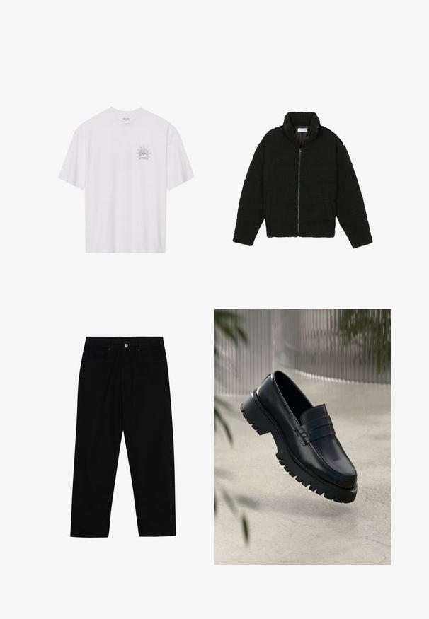 Čierna umelá kožušinová bunda s vysokým golierom, zipsom, elastickými manžetami a prešívaným dizajnom. Má bočné vrecká a jemnú textúru.; Biela bavlnená tričko s krátkymi rukávmi, s čiernou grafikou slnka na ľavej strane hrude a textom "NAVIGATE THE COSMOS" pod ním.; Čierne denimmové nohavice s rovný strihom, dizajnom s piatimi vreckami a upínaním na prednej strane. Hladká textúra s minimálnymi detailmi šitia.; Čierne kožené loafery s robustnou podrážkou, s dekoratívnym pásikom a prešívaním. Hladký povrch s lesklým finišom.