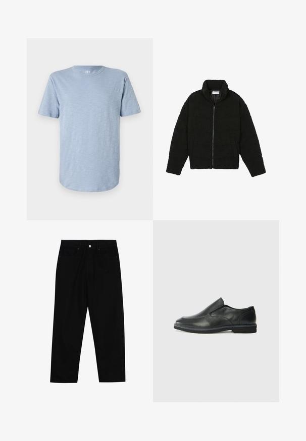 Juoda dirbtinė kailio striukė su aukštu apykakle, užtrauktuku, elastingomis rankovėmis ir siuvinėtu raštu. Su šoninėmis kišenėmis ir švelnia tekstūra.; Šviesiai mėlyna trumpomis rankovėmis marškinėliai, pagaminti iš minkštos medžiagos, su apvalia iškirpte ir tiesiu apvadu bei subtiliu tekstūriniu raštu.; Juoda džinsinė kelnė su tiesiu kirpimu, penkių kišenių dizainu ir priekiniais mygtukais. Lygus paviršius su minimaliu siuvimo detalėmis.; Juodai odiniai įtvirtinimo batai su lygiu paviršiumi, siuvinėjimo akcentais, apvalia nosimi ir žemu guminiu kulnu. Pado raštas minimalus.