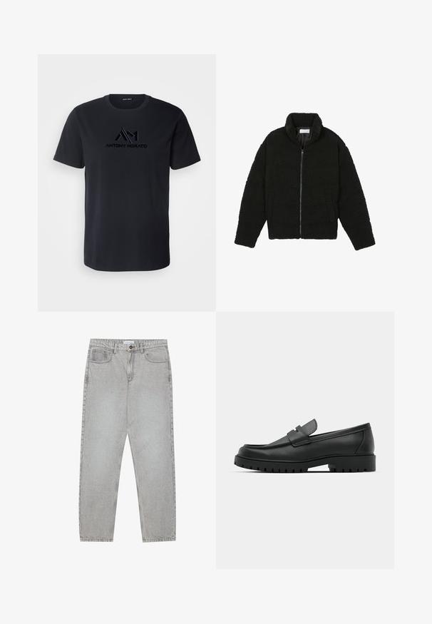 Crna jakna od umjetnog krzna s visokim ovratnikom, zatvaranjem na zip, elastičnim manžetama i kviltanim dizajnom. Sadrži bočne džepove i mekanu teksturu.; Antony Morato REGULAR FIT WITH FLOCK AND MATT LOGO - Majica kratkih rukava s printom - ink blue; Svijetlosivi traper hlače s ravnim nogavicama, stilom s pet džepova i kopčanjem na gumb. Vidljivo šivenje duž šavova.; Crne kožne mokasine s zaobljenim vrhom, s ušivenim dizajnom, niskom platformom i teksturiranim, gumenim potplatom s izbočinama.