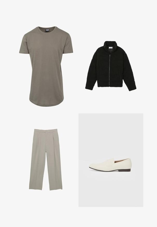 Čierna umelá kožušinová bunda s vysokým golierom, zipsom, elastickými manžetami a prešívaným dizajnom. Má bočné vrecká a jemnú textúru.; Olivovo zelené tričko vyrobené z mäkkej bavlny, s okrúhlym výstrihom a krátkymi rukávmi, s dlhším zakriveným lemom pre uvoľnený strih.; Svetlošedé nohavice s širokými nohavicami a hladkým povrchom, so záhybmi vpredu, gombíkovým zapínaním a bočnými vreckami.; Svetlé béžové mokasíny s špicatou špičkou, hladkým materiálom, pásikom cez vamp a nízkou hnedou podrážkou. Jednoduchý dizajn s minimálnymi akcentmi.