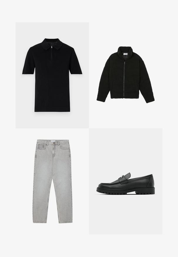 Musta tekokarvalehtijakku korkean kauluksen, vetoketjun, joustavat hihansuut ja tilkkutäkkikuvion. Sisältää sivutaskut ja pehmeän pinnan.; Lyhythihainen musta polo-paita, joka on valmistettu sileästä kankaasta. Paitassa on vetoketjullinen kaulus ja suora helma. Yksinkertainen ja minimalistinen muotoilu.; Vaaleanharmaat farkut, joissa on suora lahje, viisi taskua ja nappisulku. Saumojen varrella näkyvä ompelu.; Musta nahkaloafers, joissa on pyöreä kärki, ommeltu pinta, matala alusta ja kuvioitu, kuminen ulkopohja.
