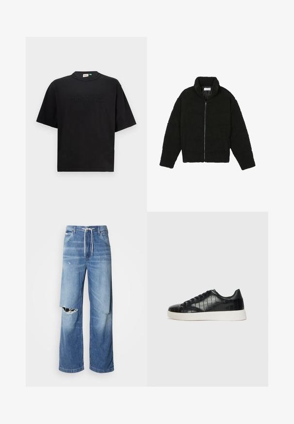Svart fuskepelsjakke med høy krage, glidelås, elastiske mansjetter og quiltet design. Har sidelommer og en myk tekstur.; Svart bomulls T-skjorte med rund hals og kortermet. Har preget "GUESS ORIGINALS" tekst på forsiden. Enkel, avslappet passform.; Lyseblå denimjeans med løs passform, tydelig hvit snøring i livet, og distinkte rifter foran med frynset kant.; Svarte joggesko med en teksturert krokodille-embossed læroverdel, rund tå og en kontrasterende hvit gummisåle med en glatt overflate.