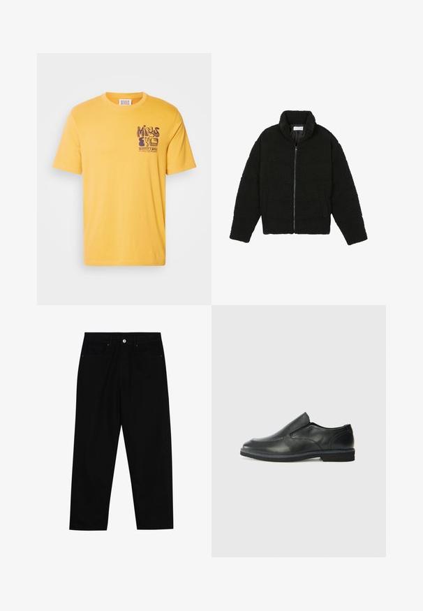 Svart fuskepelsjakke med høy krage, glidelås, elastiske mansjetter og quiltet design. Har sidelommer og en myk tekstur.; Gul bomull T-skjorte med rund hals og korte ermer. Har et grafisk trykk i lilla på venstre brystområde.; Sorte denimbukser med rett benklipp, fem-lomme design og frontknappåpning. Jevn tekstur med minimale sømdetaljer.; Sorte skinn slip-on sko med en jevn overflate, stikking detaljer, rund tå og en lav gummihæl. Sålen har minimal mønstring.