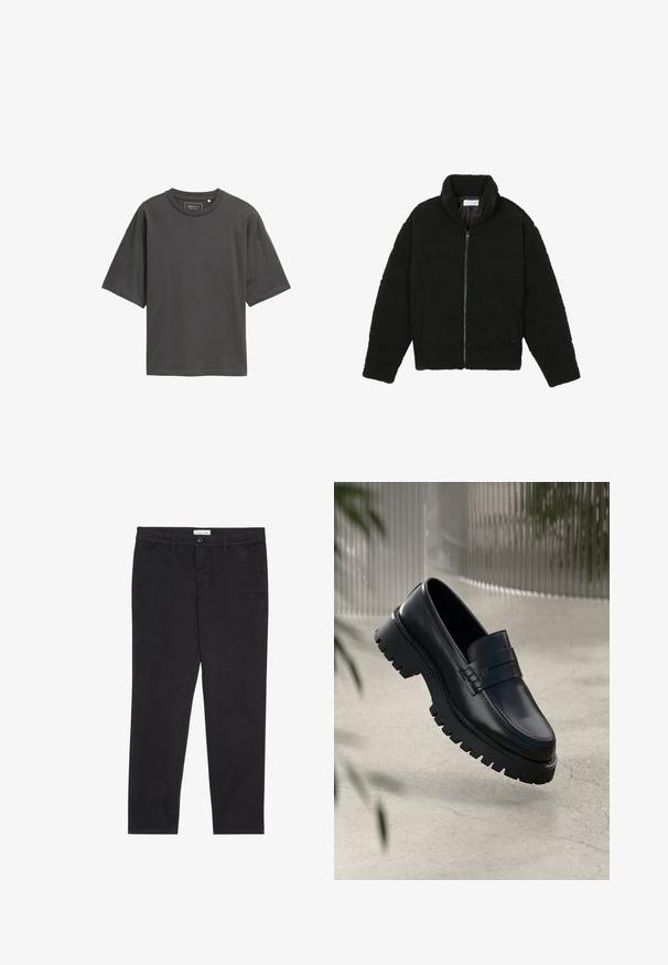 Černá umělá kožešinová bunda s vysokým límcem, zipovým uzávěrem, elastickými manžetami a prošívaným designem. Obsahuje postranní kapsy a jemnou texturu.; Tmavě šedé oversized tričko vyrobené z hladké bavlny. Má kulatý výstřih, krátké rukávy a jednoduchý, nezdobený design.; Černé bavlněné kalhoty s úzkým střihem, které mají dvě boční kapsy a přední zapínání na knoflík. Texturovaná tkanina s jemnými detaily.; Černé kožené mokasíny s robustní podrážkou, s ozdobným páskem a detailem prošívání. Hladký povrch s lesklým finišem.