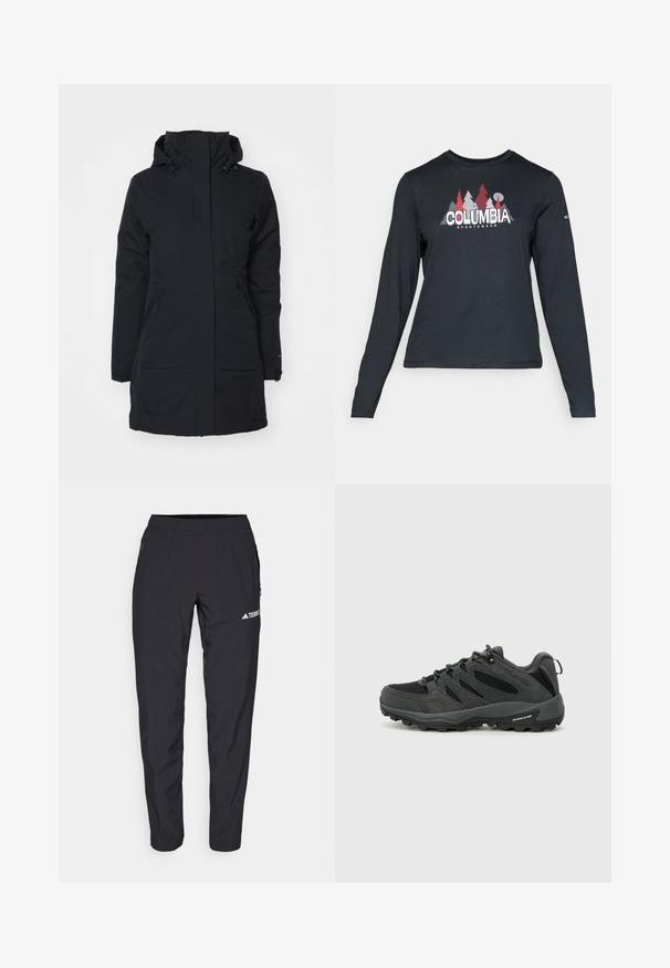Musta vedenpitävä takki, jossa on korkea kaulus ja huppu. Takissa on kaksi sivutaskua ja suora leikkaus, se on valmistettu teksturoidusta kankaasta.; Tummanharmaa pitkähihaisen paidan graafinen kuva punaisista puista ja vuorista; "COLUMBIA" -logo lihavoituna valkoisella tekstillä. Pehmeä kangas, normaali pyöreä kaula-aukko.; Mustat urheiluhousut, jotka on valmistettu kevyestä, joustavasta materiaalista, jossa on elastinen vyötärönauha ja sivutaskut vetoketjulla. Ominaisuuksiin kuuluu valkoinen logo reiden kohdalla.; Columbia REDMOND - Vaelluskengät - black/citron haze