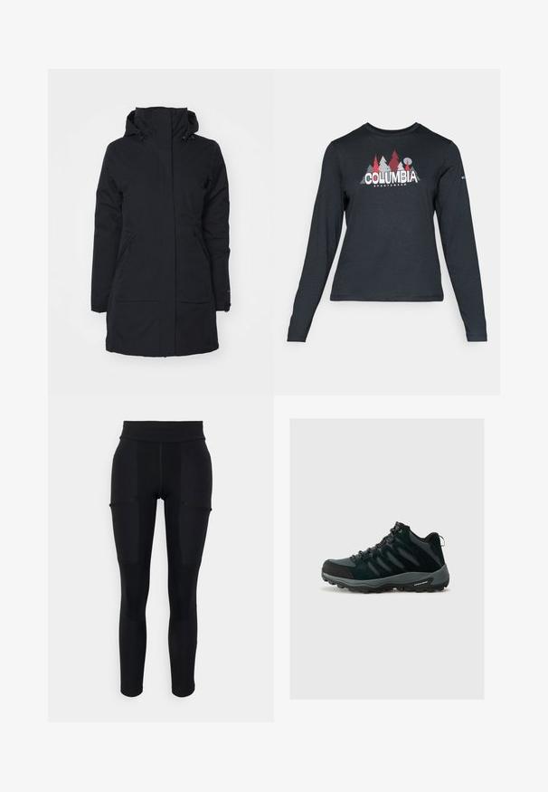 Black waterproof jacket with a high collar and a hood. Features two side pockets and a straight cut, crafted from a textured fabric.; Long-sleeve dark gray shirt with a graphic of red trees and mountains; "COLUMBIA" logo in bold white text. Soft fabric, standard crew neck.; Black leggings with a high waistband, featuring contrasting panels, pocket details, and a smooth, stretchy texture. Suitable for active wear.; Columbia REDMOND - Hiking shoes - black/citron haze
