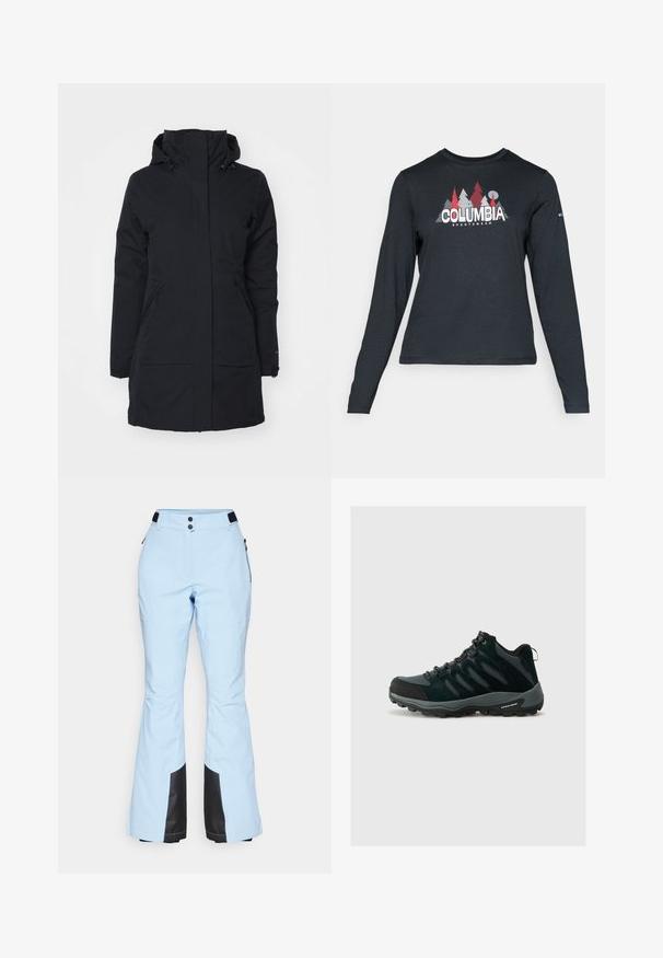Schwarze wasserdichte Jacke mit hohem Kragen und Kapuze. Verfügt über zwei Seitentaschen und einen geraden Schnitt, aus einem strukturierten Stoff gefertigt.; Dunkelgraues Langarmshirt mit einem Grafikdesign von roten Bäumen und Bergen; das "COLUMBIA"-Logo in fett weißer Schrift. Weicher Stoff, klassischer Rundhalsausschnitt.; Helle blaue Skihosen mit ausgestelltem Bein-Design, schwarzen Akzenten am Saum, zwei Knöpfen an der Taille und seitlichen Reißverschlusstaschen.; Columbia REDMOND - Hikingschuh - black/citron haze
