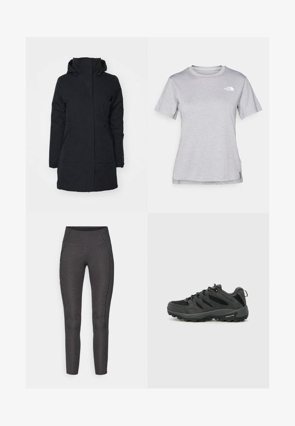 Casaco impermeável preto com um colarinho alto e um capuz. Apresenta dois bolsos laterais e um corte reto, feito de um tecido texturizado.; T-shirt cinza de mangas curtas feito de um tecido suave e que absorve a humidade. Apresenta um decote redondo e um pequeno logotipo branco na parte superior esquerda.; Leggings de cintura alta em cinza escuro, feitas de tecido texturizado. Apresentam um design ajustado e bolsos laterais para armazenamento.; Columbia REDMOND - Sapatos de caminhada - black/citron haze