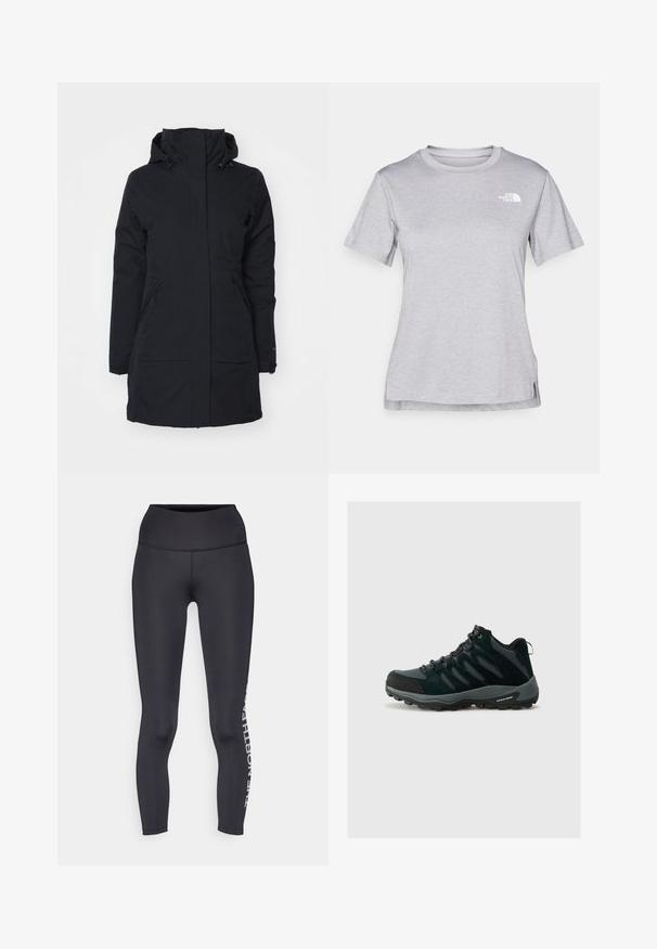 Chaqueta negra impermeable con un collar alto y una capucha. Presenta dos bolsillos laterales y un corte recto, elaborada con un tejido texturizado.; Camiseta gris de manga corta hecha de una suave tela que absorbe la humedad. Presenta un cuello redondo y un pequeño logotipo blanco en la parte superior izquierda.; Leggings negros de cintura alta, hechos de material elástico, con una textura suave y un logo blanco impreso a lo largo de la pierna izquierda.; Columbia REDMOND - Zapatillas de senderismo - black/citron haze