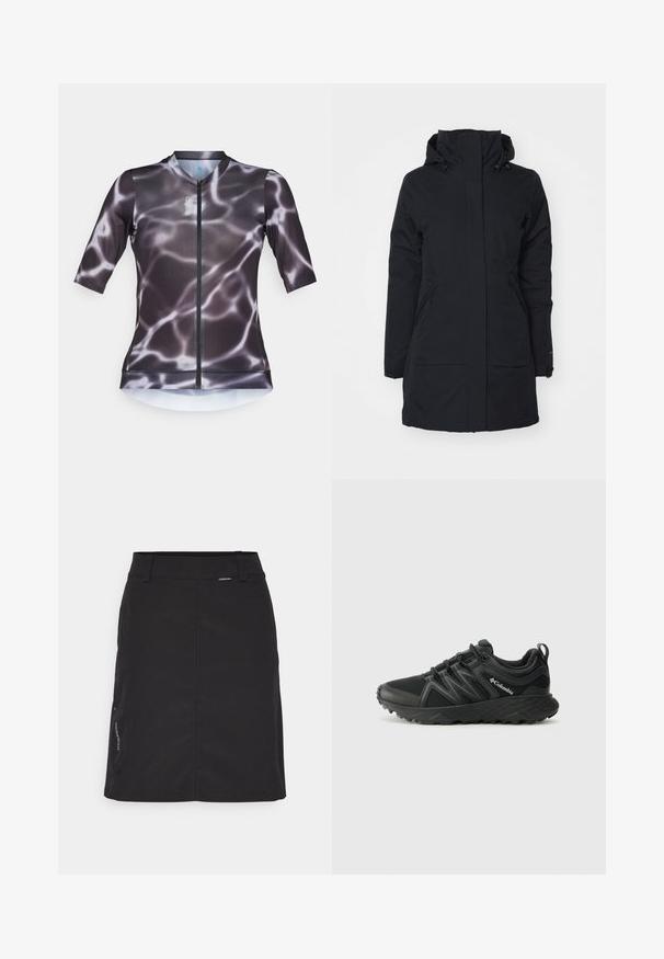 Černá vodotěsná bunda s vysokým límcem a kapucí. Disponuje dvěma bočními kapsami a má rovný střih, vyrobena z texturované tkaniny.; Cyklistický dres s krátkým rukávem a zipem, s černošedým vzorem ve tvaru vody. Vyroben z pružné, lehké látky.; Černá sukně s přiléhavým pasem, rovný střih a boční kapsa. Vyrobena z hladkého, lehkého materiálu s minimálním brandingem na boku.; Columbia PEAKFREAK - Trekingové boty - black