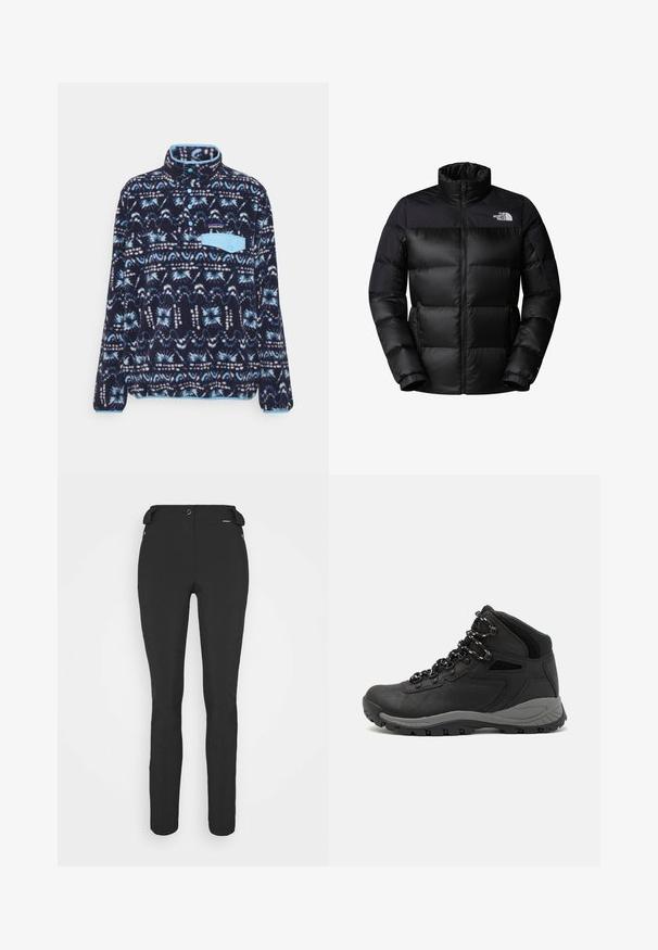 Casaco puffer preto com fecho frontal, gola alta e punhos canelados. Apresenta um acabamento mate e um logotipo na parte superior esquerda.; Patagonia SNAP - Camisola de lã polar - new navy; T-shirt cinza de mangas curtas feito de um tecido suave e que absorve a humidade. Apresenta um decote redondo e um pequeno logotipo branco na parte superior esquerda.; Calças pretas, ajustadas, feitas de um material flexível. As características incluem um bolso lateral com fecho éclair, joelhos articulados e uma textura suave.; Bota de caminhada preta com design de cano médio, apresentando um upper texturizado, detalhes cinzentos e sola de borracha durável com cravos de tração.