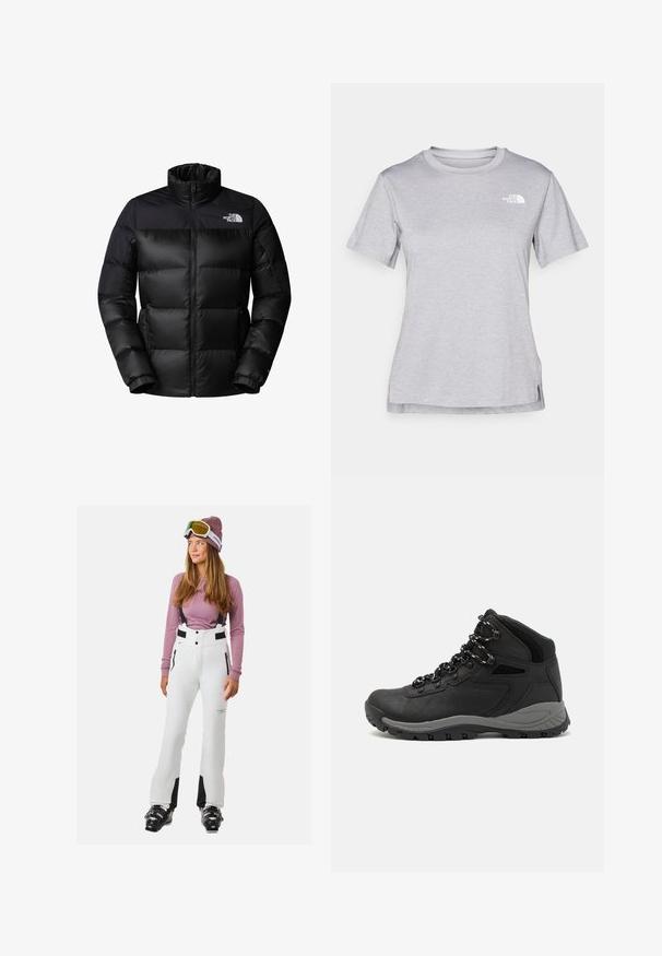 Giubbotto imbottito nero con chiusura a zip frontale, colletto alto e polsini a coste. Presenta una finitura opaca e un logo sul lato sinistro superiore.; T-shirt grigio a maniche corte realizzato in morbido tessuto traspirante. Presenta un collo tondo e un piccolo logo bianco nella parte superiore sinistra.; Pantaloni da neve bianchi con accenti neri, spalline regolabili e tasche con zip. Abbinati a un top a maniche lunghe di colore viola chiaro e occhiali da sci.; Stivale da trekking nero con design a metà altezza, dotato di una tomaia texturizzata, accenti grigi e suola in gomma resistente con tasselli per la trazione.