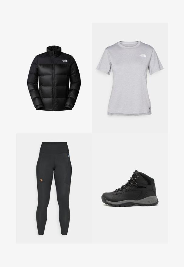 Mustat puhvitakkia, jossa on vetoketjukiinnitys, korkea kaulus ja ribbireunat. Takkia on mattapintainen viimeistely ja siinä on logo vasemmalla ylhäällä.; Harmaa lyhythihainen t-paita, joka on valmistettu pehmeästä, kosteutta siirtävästä kankaasta. Siinä on pyöreä kaula-aukko ja pieni valkoinen logo vasemmassa yläkulmassa.; Mustat leggingsit, jotka on valmistettu joustavasta materiaalista, jossa on korkea vyötärö, sivutaskut ja pieni ruskea logopatchi vasemmassa reidessä.; Musta vaelluskenkä, jossa on puolivartinen muotoilu, jolle on ominaista teksturoitu päällinen, harmaat yksityiskohdat ja kestävä kumipohja, jossa on pitoita lisääviä lukuja.