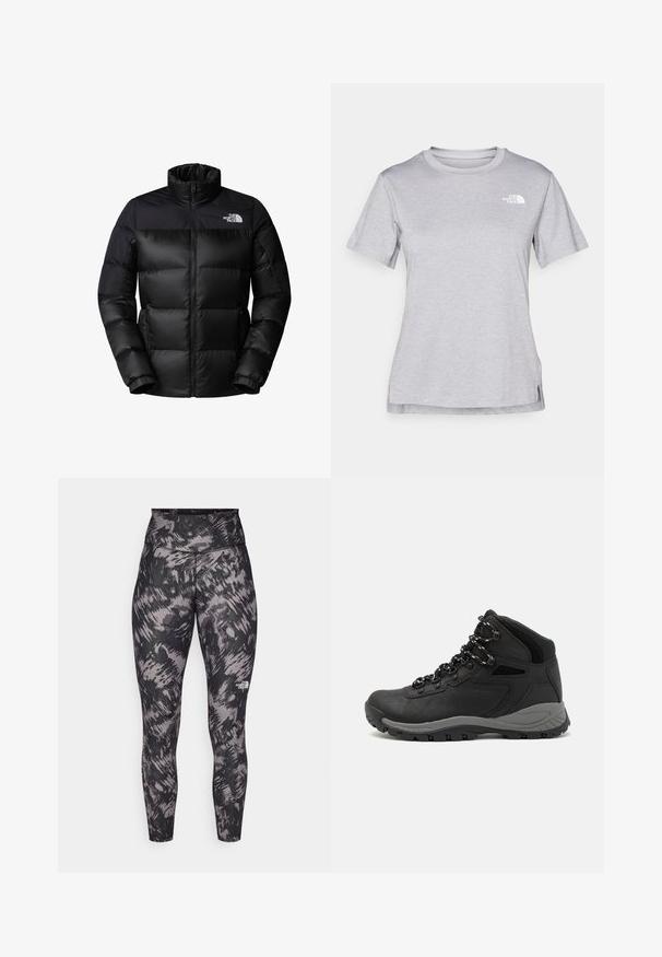Czarna kurtka puchowa z zamkiem błyskawicznym z przodu, wysokim kołnierzem i ściągaczami przy mankietach. Posiada matowe wykończenie i logo w górnym lewym rogu.; Szara, krótkozasięgowa koszulka wykonana z miękkiego, odprowadzającego wilgoć materiału. Posiada okrągły dekolt oraz małe białe logo w górnym lewym rogu.; Długie legginsy sportowe o wysokim stanie, w czarno-szarym abstrakcyjnym wzorze. Wykonane z elastycznego materiału o gładkiej teksturze. Zawierają detal z logotypem.; Czarne buty trekkingowe z średnim cholewem, z teksturowaną cholewą, szarymi akcentami oraz trwałą gumową podeszwą z wypustkami zapewniającymi przyczepność.