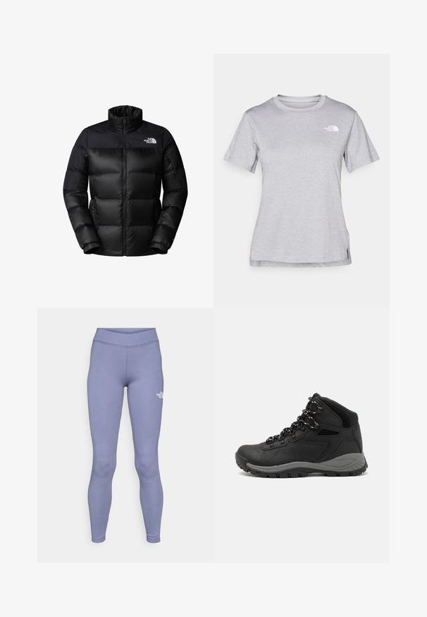 Melnā pūkainā jaka ar rāvējslēdzēja priekšpusi, augstu apkakli un ribotām piedurknēm. Iezīmējas ar matētu apdari un logotipu augšējā kreisajā pusē.; Pelēks īsām piedurknēm T-krekls, kas izgatavots no mīksta, mitrumu noturoša auduma. Tam ir apaļš kakls un neliels balts logo kreisajā augšējā stūrī.; Zilas sporta legingi, kas izgatavoti no mīkstas, elastīgas auduma. Iezīmējas ar augstu jostasvietu un mazu baltu logotipu uz kreisā augšstilba.; Melni pārgājienu zābaki ar vidēju augstumu, ar teksturētu augšdaļu, pelēkiem akcentiem un izturīgu gumijas zoli ar saķeres izvirzījumiem.