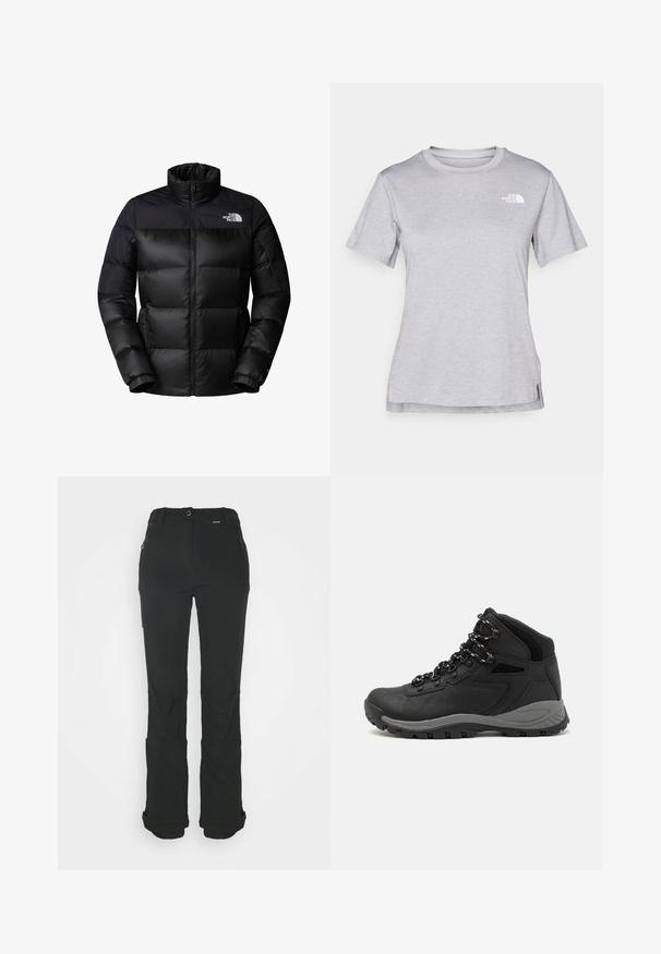 Jachetă puffer neagră cu fermoar frontal, guler înalt și manșete ribbate. Are un finisaj mat și un logo pe partea stângă sus.; Tricou scurt cu mânecă gri, fabricat dintr-un material moale, care absoarbe umezeala. Are un guler rotund și un mic logo alb în partea stângă sus.; Pantaloni negri dintr-un material elastic, cu un croi slim, talie plată, buzunare cu fermoar și manșete elastice la glezne.; Botă de drumeție neagră cu un design mediu, având un material texturat, accente gri și o talpă din cauciuc durabilă cu crampoane pentru aderență.